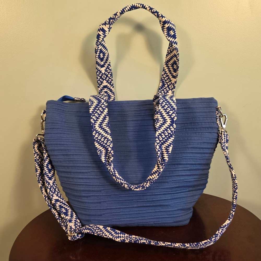 David Jeffery Blue Quilted Cotton Tote Bag Geometric Strap CB-410 BL Boho NWT